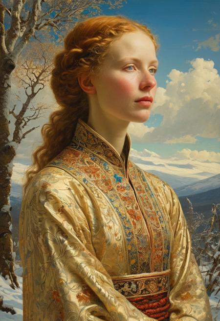 (art by George Agnew Reid and Meyer de Haan and Odd Nerdrum:1.2),german national costume blue sky, sunny day, epic clouds,,A young Russian woman hugs a birch tree, (art by George Agnew Reid and Meyer de Haan and Odd Nerdrum:1.2),german national costumeblond, blue eyes, trad russian clothes, winter (art by George Agnew Reid and Meyer de Haan and Odd Nerdrum:1.2),german national costume  (best quality, 8K, high resolution, extreme detail, outstanding composition:1.4), art by Jeremy Mann, god rays, dramatic light,   long bob-cut hair, shiny oiled skin, pale skin, jennifer connely, red hair slightly curly hair, (art by Eduard Wilhelm Pose and Master of the Holy Blood and Ivan Bilibin:1.2), (oxygen-rich air and sheltered atmosphere, snowy, aesthetic of hard - edge painting:0.1), (Event Photography by Anwar Hossain and Terry Deglau:1.2), award winning, Gigginox , (aesthetic of conceptual art with volcanic atmosphere:0.5), screen space reflections (ssr), absolute sharpness, f/11, symmetry and balance, distinctive breathtaking magnum with delicate details, (beige and coral colors:0.1), <lora:MJ52:0.5> <lora:xl_more_art-full_v1:0.5>