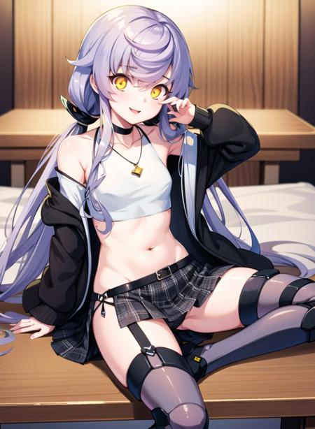 1girl,masterclass,best quality, illustration,  indoors,sitting,table,looking_at_viewer, skirt,   thighhighs, long_sleeves,  navel,  twintails,  very_long_hair,         pleated_skirt, small_breasts,  choker,  belt,   black_skirt, necklace, off_shoulder,  black_footwear,   open_jacket, black_jacket, crop_top, plaid,  low_twintails, halterneck, garter_straps, black_choker, plaid_skirt,   single_thighhigh, buckle, pendant, asymmetrical_legwear,  black_belt, highleg_panties, off-shoulder_shirt, uneven_legwear, mismatched_legwear, grey_thighhighs, single_sock,  half-skirt,  shark_hair_ornament, official_alternate_costume, grey shirt,  <lora:purifier_D8_V2_e6:1>