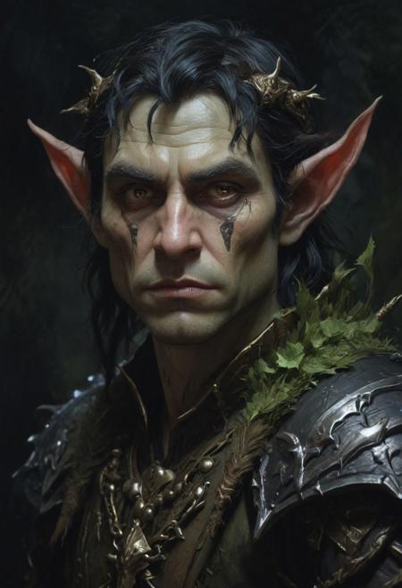 Warcraft Elf, Black over black, top light, masterful painting in the style of Anders Zorn | Marco Mazzoni | Yuri Ivanovich, Todd McFarlane, oil on canvas