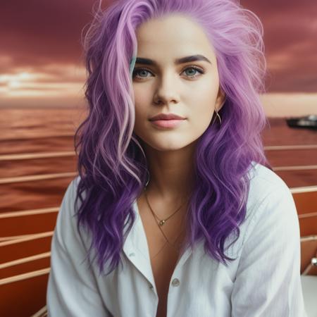 a woman ((standing on a boat)), neon purple hair, ocean background, beautiful clouds in the background