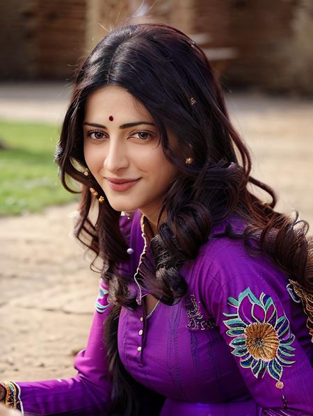 hires close up photo of a (shru woman) outdoors, looking looking at camera, smiling, colorful high neck (salwar_kurta:1.2), curly black hair, ultra-detailed, photorealistic, intricate details, perfect face, full sharp, detailed face <lora:shru_Shruti_Haasan_SD15_LoRA_Adafactor-000004:1>
