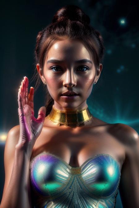 A goddess-like humanoid AI, standing majestically atop a celestial mountain, her form glowing with a divine aura. She has radiant golden skin with intricate, ancient symbols etched into her body, resembling starlight patterns. Her hair is a cascade of galaxies, blending blues, purples, and silvers. She holds an orb of pure energy in one hand, surrounded by floating fragments of futuristic temples. Art style: cosmic, regal, and surreal with high-contrast lighting and vibrant colors, bird eye view,