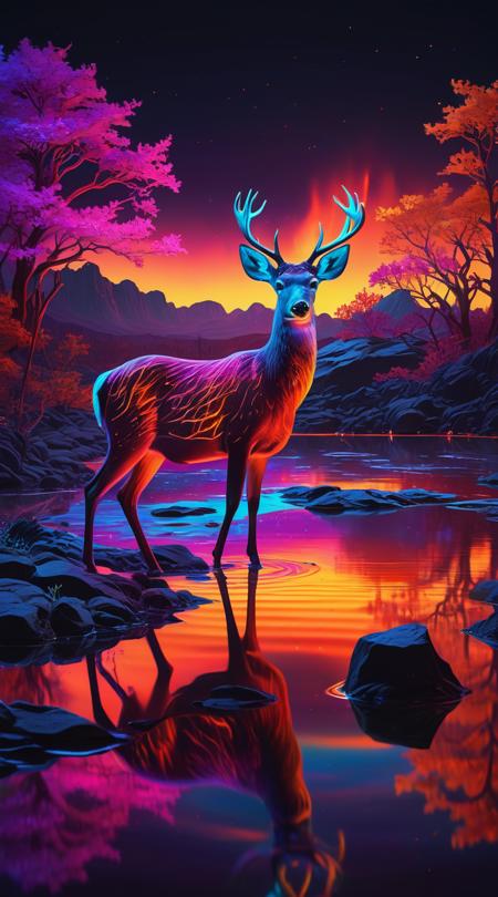Whisperleaf deer, singing a haunting melody, Lava-like flow from magma, calm with still waters, neon signs in night hues, rotating 360 degree view, personal medium close-up, impressionist brushwork, reflective mirrored polish, prism rainbow splitting, soft focus background separation, prism rainbow splitting.