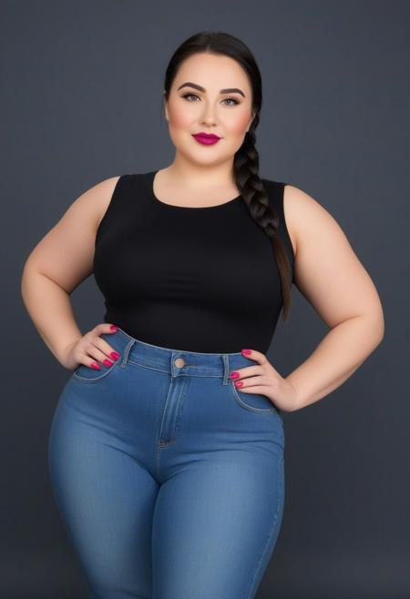 A plus-size woman with pear-shaped body type. She has moderately broad shoulders and arms. Her hips are extremely broad, wider than her shoulders. Her legs and lower body are wide with thick thighs. She has black hair single braid hair and blue-grey eyes and raspberry lips and raspberry nail polis. She is wearing a black sleeveless top with jeans pants that accentuate her (massive butt and thick thighs). Corners of her mouth are slightly raised creating a faint smile. The woman has oval-shaped face featuring soft, rounded contours and a gently curved jawline and round cheeks. Her eyebrows are naturally shaped with a gentle arch, complementing her eye shape. She has a straight nose with a smooth bridge and a rounded tip on her nose. Her lips are full, with a well-defined cupid's bow, Her skin is fair and smooth with an even complexion.
