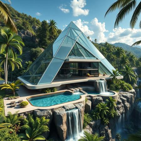 futuristic complex pyramid style house from glass steel with  concret structure, with terraces, swimming pool, in a tropical jungle,waterfall, photorealist, masterpiece, 4k, high detailes