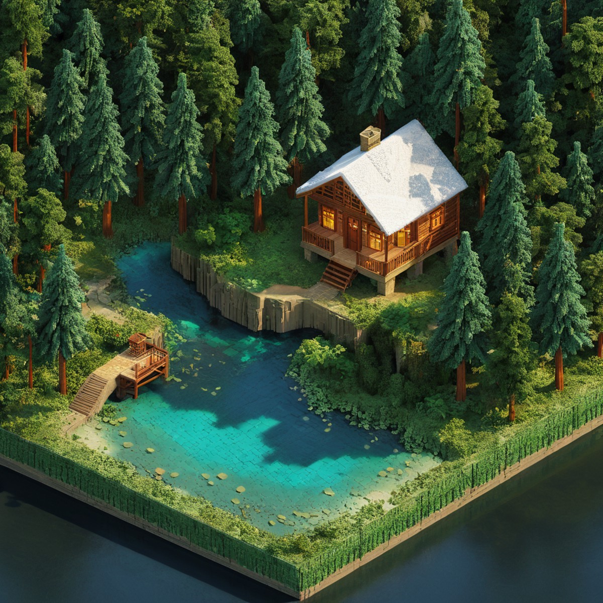 isometric style small cabin, forest, river, tilemapstyle, voxell, tile, scenery, <lora:TileMapStyle_v1:0.85> . vibrant, be...