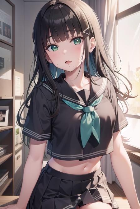 diakurosawa, <lora:diakurosawa:1>, dia kurosawa, black hair, (green eyes:1.5), blunt bangs, grey skirt, hair ornament, hairclip, mole, mole under mouth, (small breast:1.2),
BREAK grey skirt, midriff peek, pleated skirt, school uniform, serafuku, short sleeves, skirt, uranohoshi school uniform,
BREAK looking at viewer,
BREAK indoors, classroom,
BREAK <lyco:GoodHands-beta2:1>, (masterpiece:1.2), best quality, high resolution, unity 8k wallpaper, (illustration:0.8), (beautiful detailed eyes:1.6), extremely detailed face, perfect lighting, extremely detailed CG, (perfect hands, perfect anatomy),