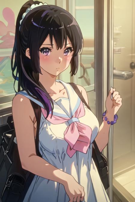 best quality, masterpiece, highres, solo, {kousaka_reina_soundeuphonium:1.15}, black_hair, long_hair, purple_eyes, blush, bangs, closed_mouth, serafuku, blurry, 1girl, bare_shoulders, dress, sleeveless, collarbone, looking_at_viewer, bag, handbag, ponytail, scrunchie, sleeveless_dress, between_breasts