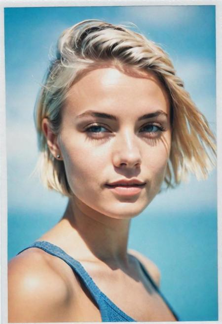 polaroid photograph Color i-Type Film, portrait, 1 girl, blonde, short hair with small braids, perfect eyes, pointed jaw, sky blue cropped tank top, white wall in the background, natural light.