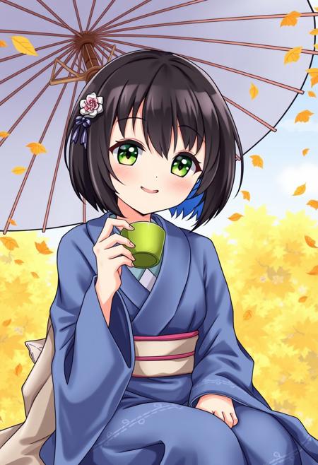 1girl, best quality, masterpiece, anime, anime coloring, smile, looking at viewer,  cute,  <lora:A_XL_momose ginko v3_Animagine31:1> momose ginko, link! like! love live!, short hair, green eyes, black hair, bob cut, hair ornament, Japanese clothes,  long kimono,  blue kimono,  Autumn background, falling autumn leaves,  Japanese umbrella, sitting, drink tea,