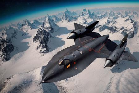 analog gloomy aerial photo of a blackbird stealth plane, <lora:bl4ckb1rd:1>, ((nighttime)), (orbit of earth), snowy mountains down below,  High Detail, Sharp focus, (photorealism), realistic, best quality, 8k, award winning, dramatic lighting, epic, cinematic, masterpiece, rim light, action movie, war,