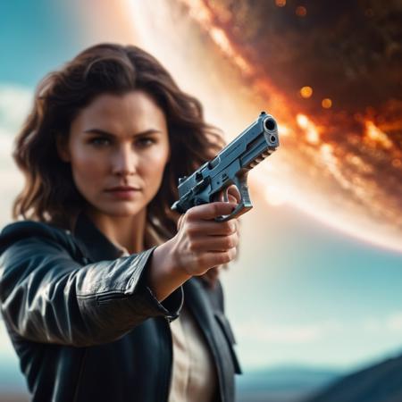 cinematic film still of  <lora:Perfect Hand:1.2>
perfection a woman holding a gun in front of a giant planet perfect hand style, shallow depth of field, vignette, highly detailed, high budget, bokeh, cinemascope, moody, epic, gorgeous, film grain, grainy