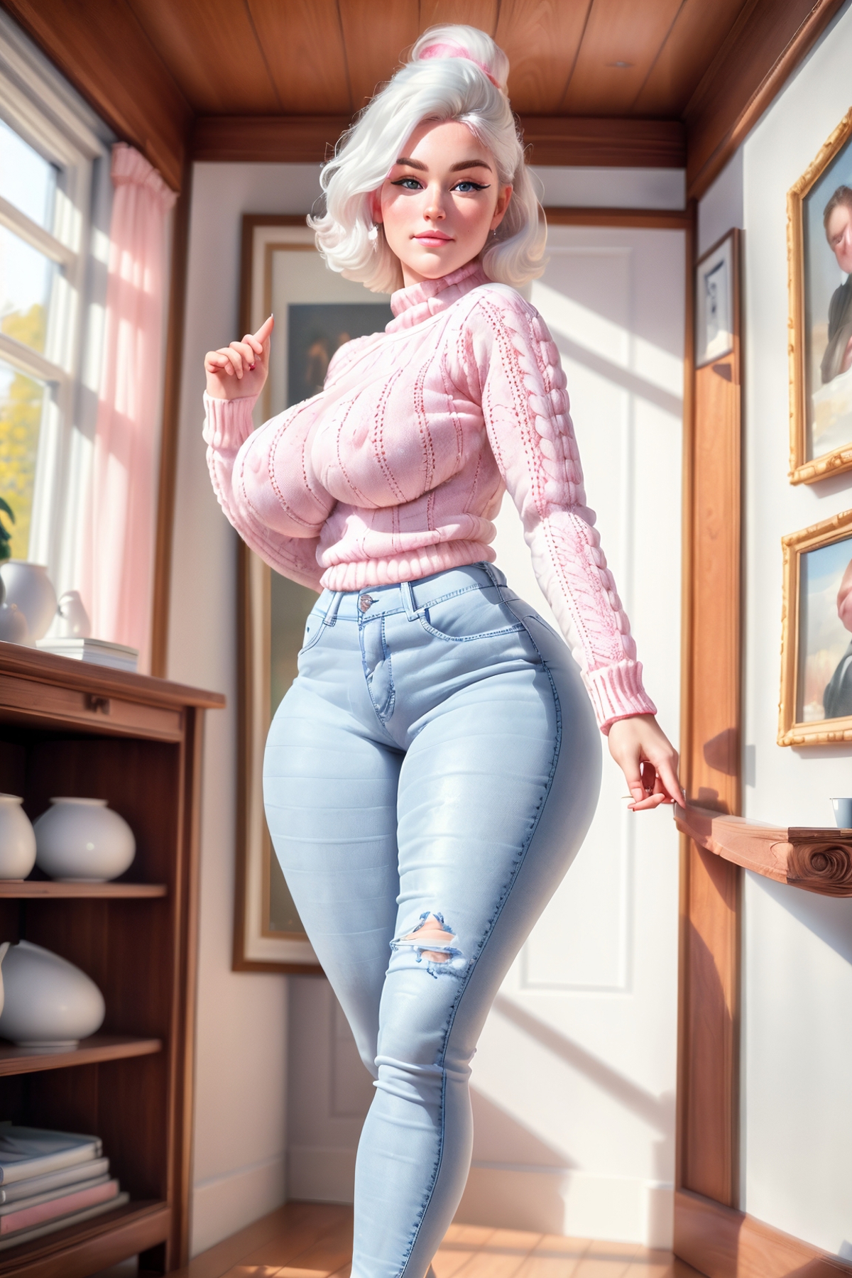 A computer-generated woman wearing blue jeans and a pink sweater poses in a room.