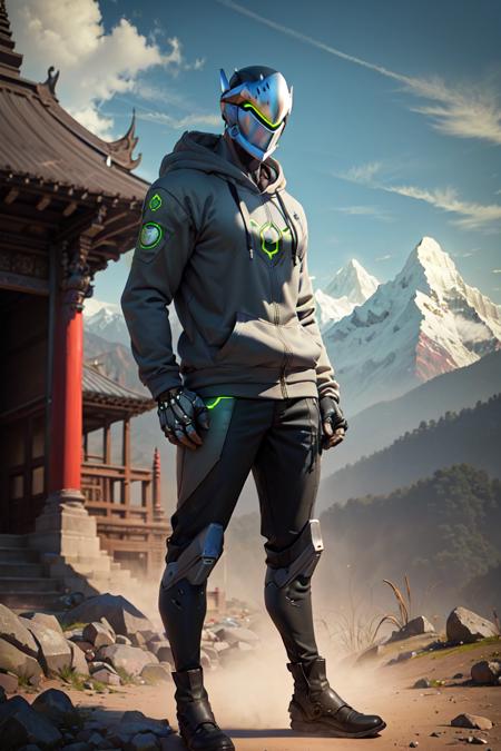 genji, solo, hoodie, hood down, black pants, cyborg, visor, helmet, boots, standing, nepal mountains, buddhist temple,, sunllight, deep colors, best quality,<lora:genji:0.7>