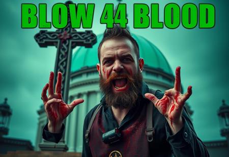 “Posaman, portrayed by Italian actor and comedian Lillo, should be reimagined in a chilling, blood-drenched style, highlighting his exaggerated, quirky poses with an unsettling twist. Using Panavision Prime lenses, capture every detail of his expressive face, short beard, and casual-yet-confident demeanor, now darkened by a sinister edge. In the background, a massive Celtic cross stands ominously against a pastel green dome, both streaked with blood splatters, dripping down in unsettling patterns. His lifelike clothing is soaked with crimson splashes, enhancing the hyper-realistic textures of the scene. Across the top, in huge, bold green font, the words ‘BLOW 4 BLOOD’ stand out, casting an intense, menacing tone over the entire image. His exaggerated, grotesque poses, coated in blood, create a visceral mix of dark humor and horror, amplifying his macabre comedic style with eerie, raw authenticity.”