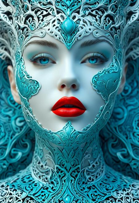 A female character features a porcelain face and red lips, set against the backdrop of a hyper-realistic sci-fi style. The composition is dominated by turquoise and blue hues, with intricate patterns and details to highlight the epic fantasy scenes. Capture the essence of hyper-realistic portraits, while emphasizing contrasting shadows for a dramatic effect. Incorporate junglecore elements to heighten the overall atmosphere of the piece.