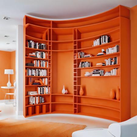 a modern room with a bookcase,  <lora:Ahn:1>, (curved walls:1.3), (burnt orange theme:1.3)