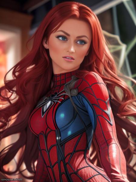 ((SFW)),
(best quality, masterpiece, colorful, dynamic angle, highest detailed) upper body photo, fashion photography of cute, intense red long hair, Karlie Montana as \Mary Jane\ in spiderman suit, (ultrahigh resolution textures), in dynamic pose, bokeh, glowing web, (intricate details, hyperdetailed:1.15), detailed, light passing through hair, colorful art flat background, (official art, extreme detailed, highest detailed),
 <lora:Karlie_Montana:0.9>