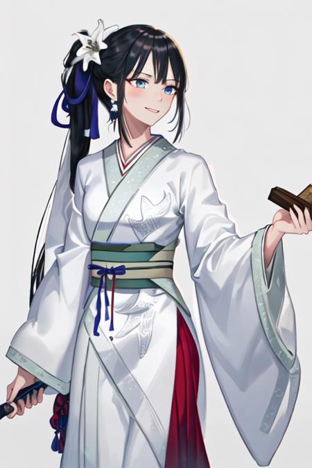 best quality, masterpiece, highres, solo, {white kimono:1.35}, {red hakama:1.35}, {wide sleeves:1.20}, {jing_ke_fgo:1.15}, long_hair, black_hair, bangs, earrings, jewelry, smile, ponytail, blue_eyes, green_eyes, hair_ornament, hair_flower