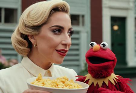 cinematic photo analog style portrait of an a  ((ohwx woman)) eating a muppet, next to a bowl full of muppets <lora:ulti_lady_gaga_sdxl:1.2> . wes anderson movie, still from stanley kubrick movie, 35mm photograph, film, bokeh, professional, 4k, highly detailed