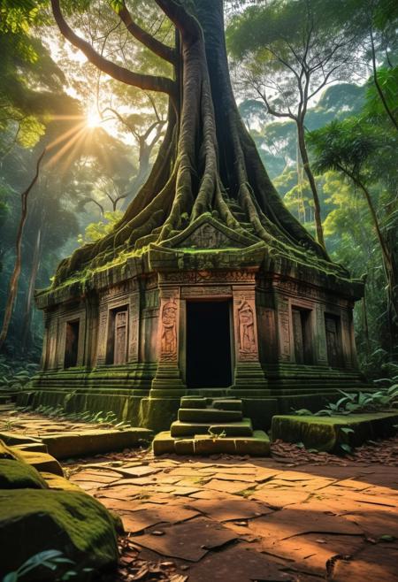 An ancient tomb sits quietly amidst a dense jungle, its weathered stones covered in moss and vines, hinting at centuries of solitude. The structure is a mix of crumbling stone blocks and intricately carved motifs, possibly depicting forgotten deities or symbols of lost civilizations. The jungle around it is alive with towering trees, their sprawling roots gripping the ground tightly, and vibrant foliage of every shade of green.
The scene is illuminated by a breathtaking sunset, casting a golden-orange hue across the landscape. Beams of warm light filter through the gaps in the canopy, creating patterns of light and shadow that dance across the tomb. The sky above is a brilliant gradient of orange, pink, and purple, with a few wispy clouds catching the fading sunlight. Birds and distant calls of jungle creatures add to the mystical atmosphere, emphasizing the tomb's isolation and its harmony with nature.

