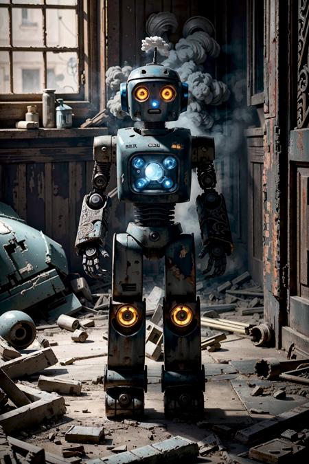 (Best quality:1.5), (intricate details:1.5), (realistic), (more detail), (A robot gone berserk:1.2), (A profound feeling), (Destroyed room:1.2), Destroying, Ancient place, gear, steam, Tools, <lora:detail_slider_v4:1.0>,