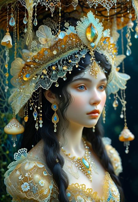 A fairy queen with dark hair is intricately adorned, featuring lace, Miatake mushrooms, triboluminescent crystals, and elaborate lace. The detailed design also includes shelf fungi, Grifola frondosa, and iridescent elements reminiscent of Gustav Klimt's artwork. Delicate spiderwebs hang with jewels and dew, further enhancing her ethereal beauty.