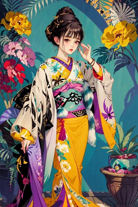 1girl, solo, looking at viewer, black hair, hair ornament, long sleeves, brown eyes, jewelry, flower, japanese clothes, hand up, kimono, hair bun, bracelet, sash, makeup, obi, bug, animal print, yellow flower, purple kimono,
 <lora:matsuo:1>