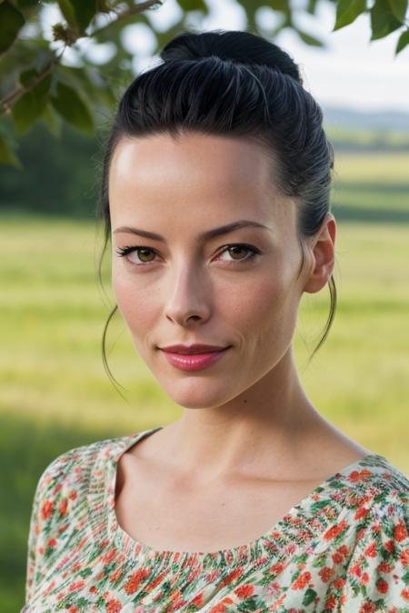 (photo of ameliacooke-1620:0.99), a woman, (closeup, portrait):1.2), (sunrise, gorgeous grassy field), ((colorful floral print sundress)), (lipstick, eyeliner, eye shadow), (pale skin), slight smile, (natural light, (masterpiece:1.2) (photorealistic:1.2), slight smile, (best quality) (detailed face, detailed eyes, detailed skin):1.2) (intricate details) (8k) (HDR) (cinematic lighting) (sharp focus), (looking at the camera):1.1)