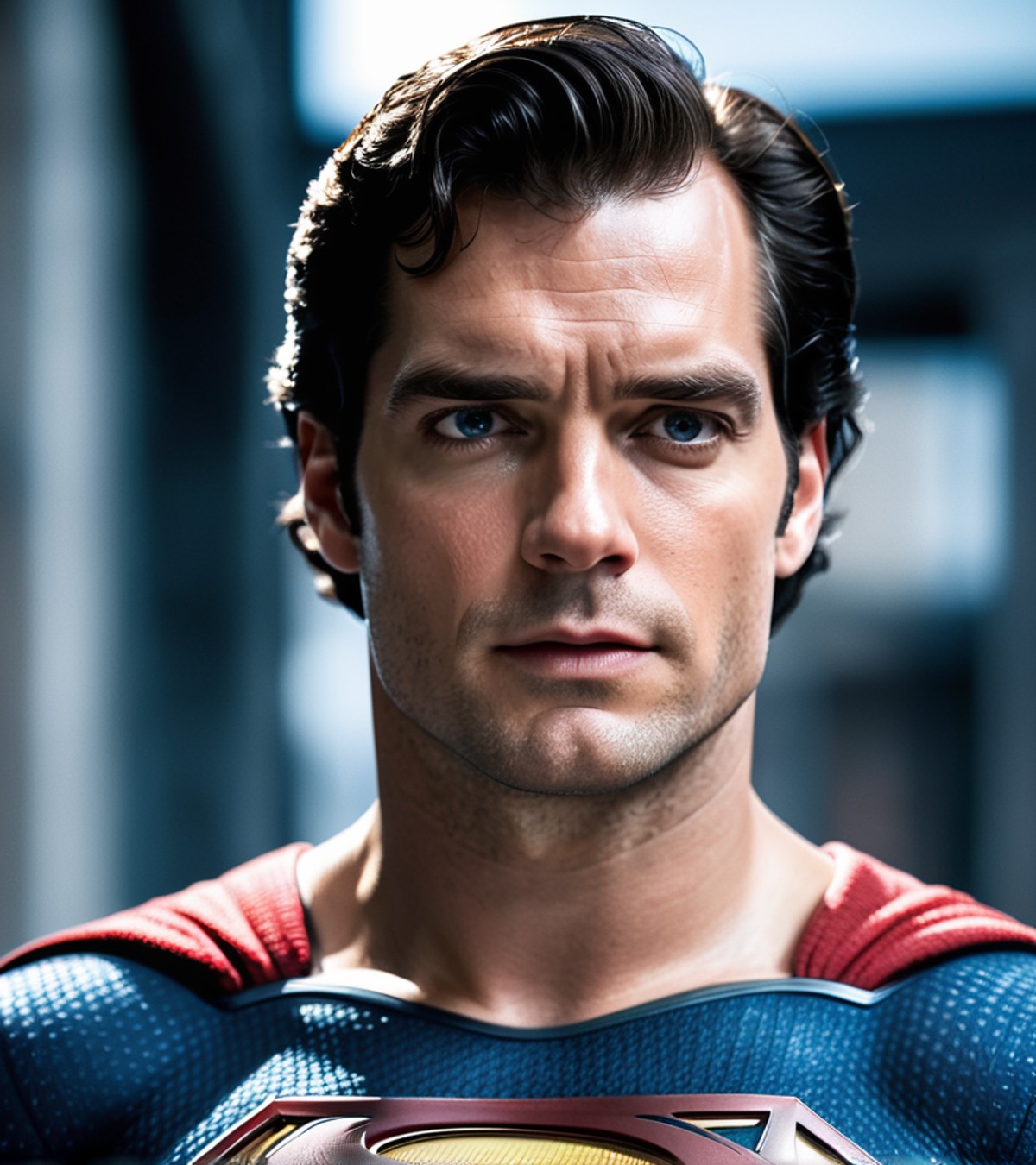 Photo of Henry cavill is superman , superhero, upper body,cinematic, movie, grain movie (2020s), building destroyed , real...