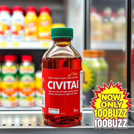 On a supermarket shelf there is a bottle of a miracle medicine with the name "CIVITAI" with the subtitle "Take one and it will make perfect pictures" in small letters "might not work" with a flashy advertisement that says "now only 100BUZZ"