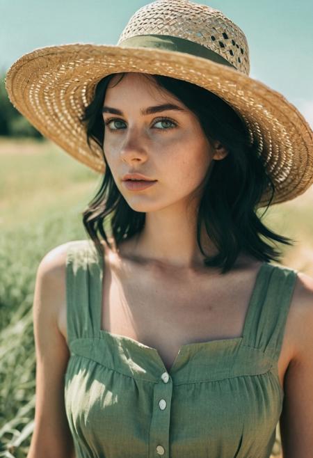 instagram photo, European girl, black hair, straw hat, sage green dress, perfect detailed eyes, natural skin, hard shadows, film grain