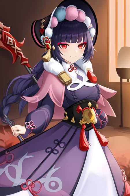 masterpiece, best quality, highres, solo, {yun_jin_genshin:1.10}, bangs, blunt_bangs, long_hair, red_eyes, black_hair, bonnet, capelet, smile, vision_\(genshin_impact\), tassel, purple_hair, pink_capelet, lolita_fashion, makeup, closed_mouth, breasts, 1girl, dress, holding, holding_weapon, long_sleeves, looking_at_viewer, polearm, weapon, eyeshadow, fur_collar, braid, fur_trim