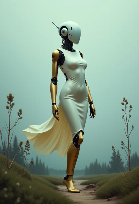 A wide, LRF-style shot in the distinctive Tales From The Loop aesthetic, capturing an uncanny,  faceless robot . The cyborg, with its smooth, pale egg shell colored silk dress, gold skin and gleaming chrome joints seamlessly integrated into its body, stands in a tranquil, otherworldly landscape. It has an hourglass shape, The scene is bathed in soft, diffused light, creating a melancholic, dreamlike atmosphere. The backdrop is rendered in a muted color palette of pastel blues, greens, and purples. Haydee, YFG-SimonLoop