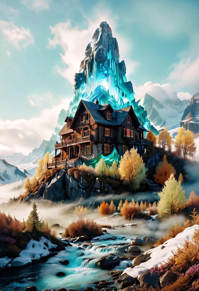 (by Ellen Jewett:1.5), ((Bioluminescent Impressionism: 1.8), The Dreamland), their peaks veiled in mist. mixed media, surrealism, great lighting, A surreal landscape highly detailed . extremely high-resolution details,  appears trapped in an optical illusion of reflections and refractions colorful , mountain cabin, ice and snow, professional photography, natural lighting, volumetric lighting maximalist. intricately detailed, complex, elegant, expansive, fantastical, film photography style,  medium grain,  <lora:MJ52:0.3>  <lora:SDXLFaeTastic2400:0.4>  <lora:EpicF4nta5yXL:0.7>.ethereal landscapes, depth of field, biotech emotion:1.3) <lora:xl_more_art-full_v1:0.5> <lora:add-detail-xl:1> <lora:RMSDXL_Creative:2>