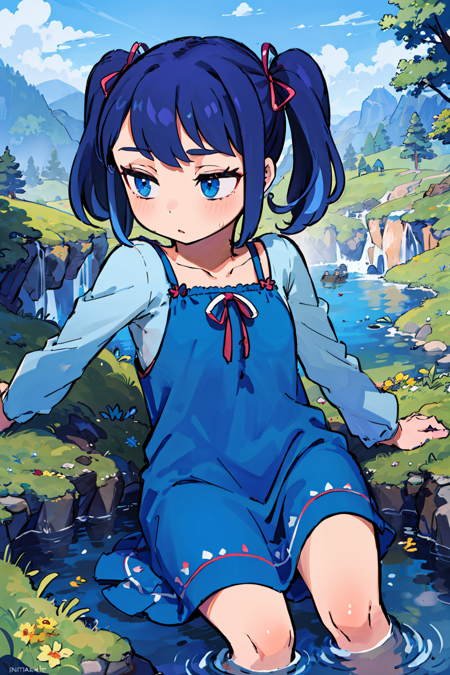 ((best quality)),((world masterpiece)),((illustration)),beautiful detailed,colourful,extremely detailed 8K wallpaper,finely detailed,dramatic light,intricate details, ((ultra-detailed)),
1girl, blue_dress, blue_eyes, blue_hair, blush, dress, long_sleeves, outdoors, pond, short_hair, sitting, soaking_feet, solo, twintails, two_side_up, water