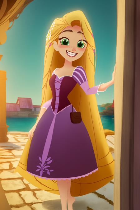 (masterpiece, best quality, high resolution:1.4), rapunzel, green eyes, (loose hair:1.2), looking at viewer, purple princess dress, barefoot,  smile, outdoors, <lora:Rapunzel_v22:1>