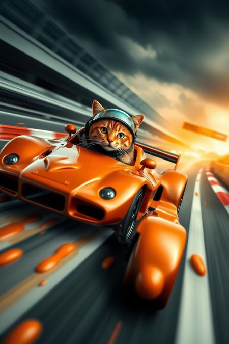 caraf, caramel car on the racetrack, cat with helmet as driver, a dramatic display of speed and action, motion blur, 