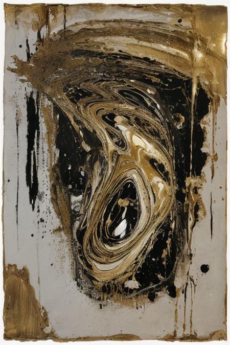 Half length impasto oil painting, of a shadow of a housewife diving underwater view from back,  Laurence Demaison, xerography photocopy, made from gold ferrofluid, Christopher Wool. The painting is abstract, dim and the colors are muted. The oil paint is thick, textured and splashed intuitively