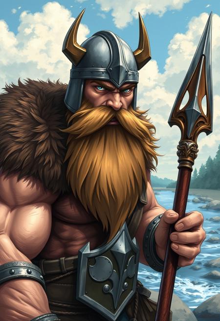 ((The image is an illustration depicting a brutal muscular man with a long beard, angry blue eyes, closed mouth, wearing a wiking helmet and chianmail armor, holding a spear. A bear fur skin on his shoulders)). dynamic pose
Ultra high detailed
Random background, sky, river