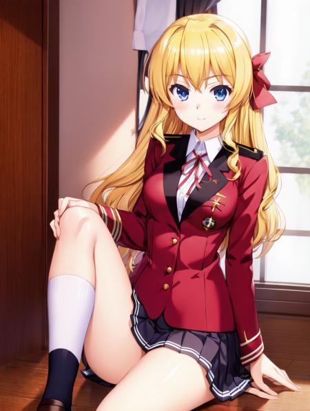 1girl, sendou erika, blonde hair, blue eyes, school uniform <lora:sendou_erika:0.8>