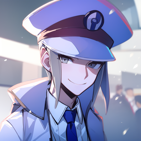 ,,1boy, grey hair, white eyes, belt, coat, necktie, blue necktie, white shirt, collared shirt, white gloves, hat, white headwear, white jacket, white pants, sidelocks, smile