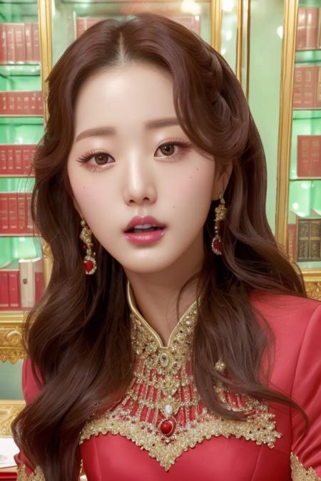 a ivewonyoung, perfect eyes, red dress, window, book, table, (ultra realistic:1.2), (standing in castle pastel room:1.1), (close-up photo:1.4), (masterpiece:1.1), (intricate:1.2), (looking at camera:1.2), (dramatic:1.1), (best quality:1.2), <lora:ivewonyoung-v9:1>