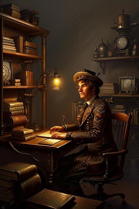 score_9, score_8_up, score_7_up Portrait of a young handsome male steampunk detective sitting at a cluttered desk, focusing on his intense expression. He has a serious look, and wears a dark Victorian coat. The lighting is warm from a single flickering oil lamp on the desk, casting shadows across his face. The background is blurred, with only hints of gears and bookshelves. The scene is richly detailed in sepia tones, creating a mysterious, close-up, waist-up composition