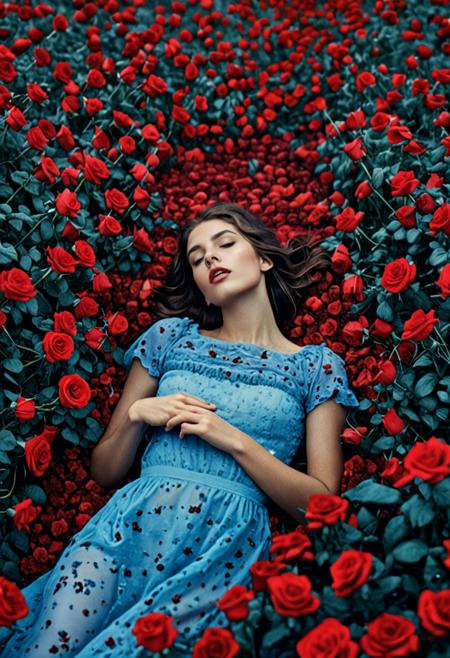 NSFW, (Soft Lighting Photography by Mimoza Veliu and Mario Giacomelli:1.2), A young woman lies in a field of Red roses, creating a dreamy, surreal atmosphere. The overall color is a mixture of soft light blue and purple, creating a tranquil, ethereal atmosphere. , sexy, looking at viewer,<lora:TWbabeXL01:0.6>