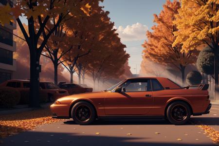 SKYLINER32, sports car parked on a street covered with leaves in autumn in a (city:1.3), fall, global illumination, volumetric lighting, best quality, highly detailed, cgi, illustration, octane render,  <lora:SKYLINER32:0.6>