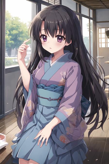 ichikishima mizuha \(re:stage!\), black hair, very long hair, darkmagenta eyes,  kimono \(mizuha seifuku\), 