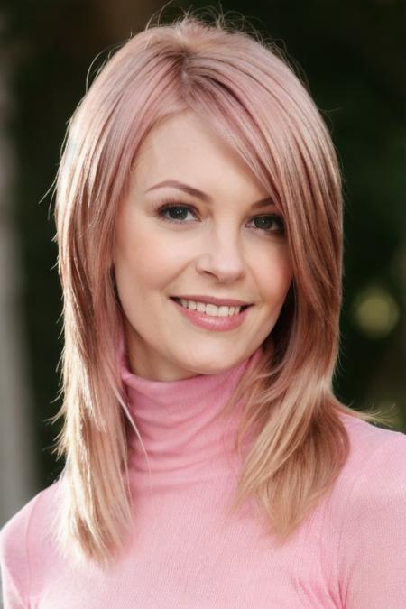 Photo of br33d4n13ls woman, detailed face smiling, pink turtleneck blouse