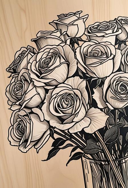Scratchy pen strokes, blind contour,  closeup, beautiful bouquet of roses, stark hatch shaded sketchy scribbly, ink, strong angular shapes, woodcut shading, pen strokes, pouty lips, hungry eyes, minimalist realistic, anime proportions, distorted perspective