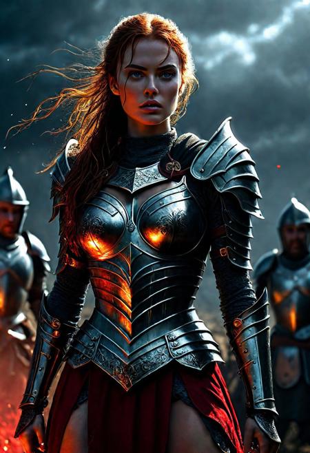Ultra detailed digital art masterpiece Warrior girl dressed in a iron Armor and red mini skirt, Standing on a battlefield at the head of an army of knights, where a bloody slaughter is taking place, standing in battle pose, a dark epic fantasy, perfect lighting, beautiful Sadie Sink as Warrior girl, attractive woman, elegant, beautiful woman of athletic body,  epic shot of the whole Warrior girl, unreal engine 5 nanite quality, dark fantasy, dark environment, very stormy day, LOTR style, dark washed out eyeliner, no make up, natural bloody pale face, realistic blue eyes, ultra detailed atmospheric details, beautiful glowing effects, sparkle effects, realistic body proportions, beautiful face proportions, complex masterpiece, wavy black hair, creative glowing detailed tattoos, complex physics, enhanced colors, complimentary colors, ultra detailed raytracing reflections, Ultra detailed complex background, environment feels alive, direct eye contact, dramatic lighting, wet and sweaty skin, beautiful firm Breasts, Daylight, Concept art by Greg Rutkowski, adding to the intense and dynamic atmosphere of the scene.